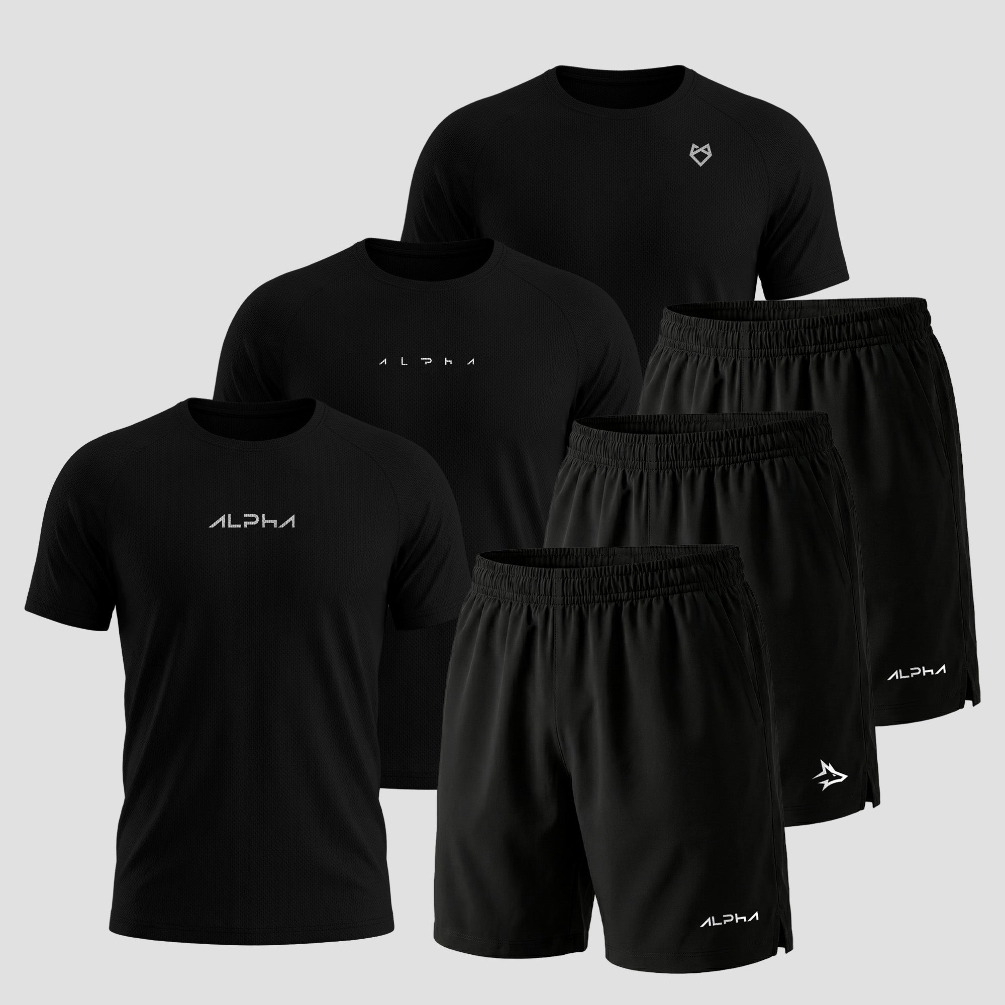Kit 3 Camisetas Dry Fit Preto + 3 Bermudas Pretas