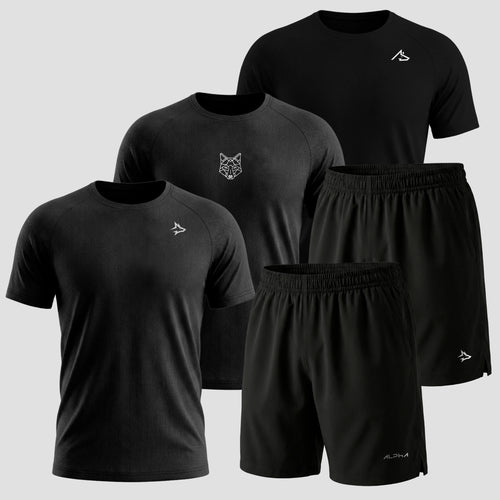 Kit Completo Dry Fit All Black 3 Camisetas + 2 Bermudas