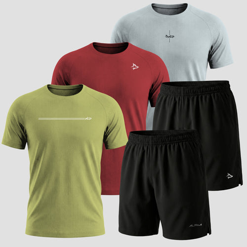 Kit 5 Peças Dry Fit Alta Performance: 3 Camisetas + 2 Bermudas
