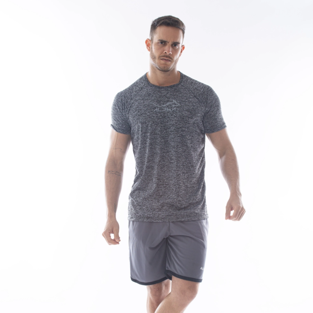 Kit Dry Fit: 3 Camisetas Mescla Cinza + 2 Shorts Pretos