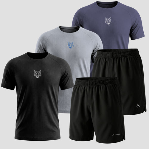 Kit Lobo Geométrico Dry Fit: 3 Camisetas + 2 Bermudas