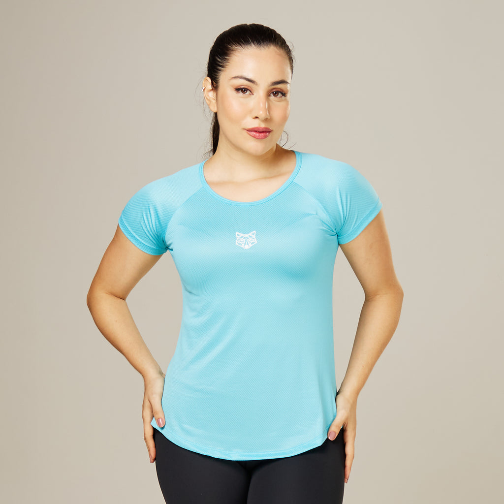 Camiseta Feminina Dry Fit Lobo Geométrico Azul Pavão