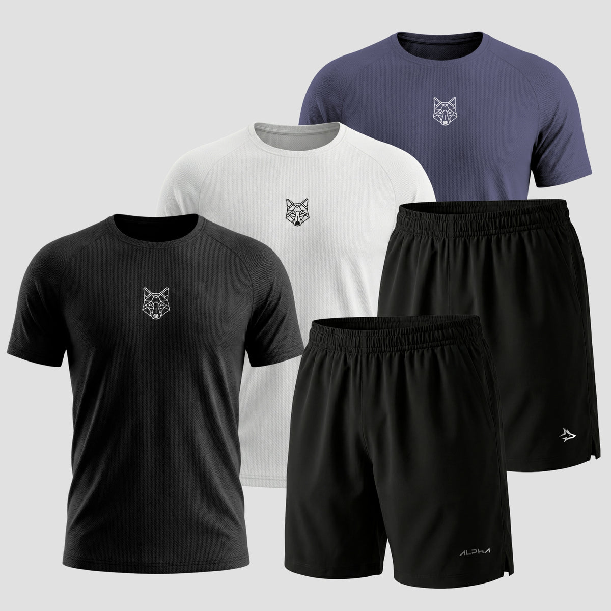 Kit Lobo Geométrico Dry Fit: 3 Camisetas + 2 Bermudas