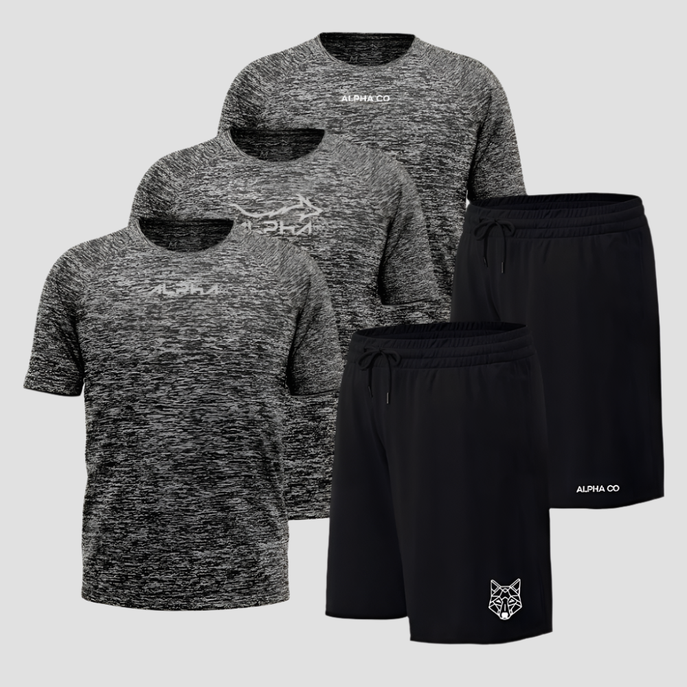 Kit Dry Fit: 3 Camisetas Mescla Cinza + 2 Shorts Pretos