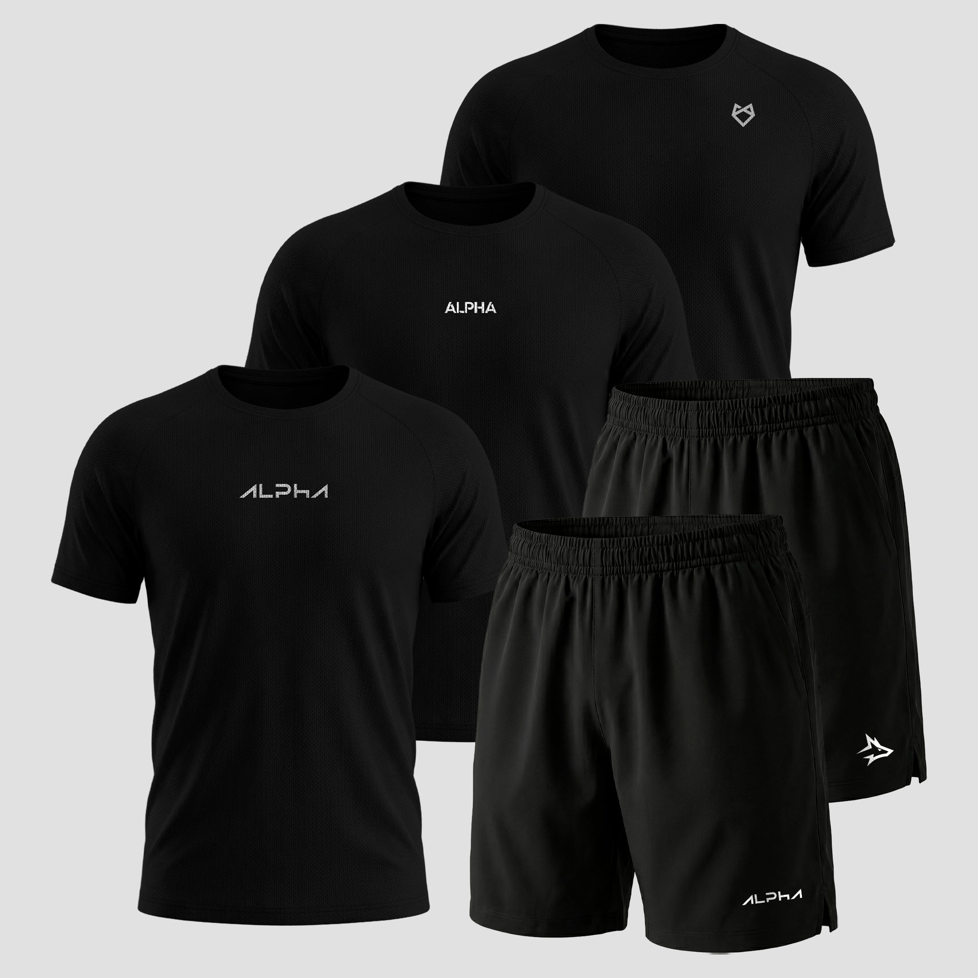 Kit 3 Camisetas Dry Fit Preto + 2 Bermudas Pretas