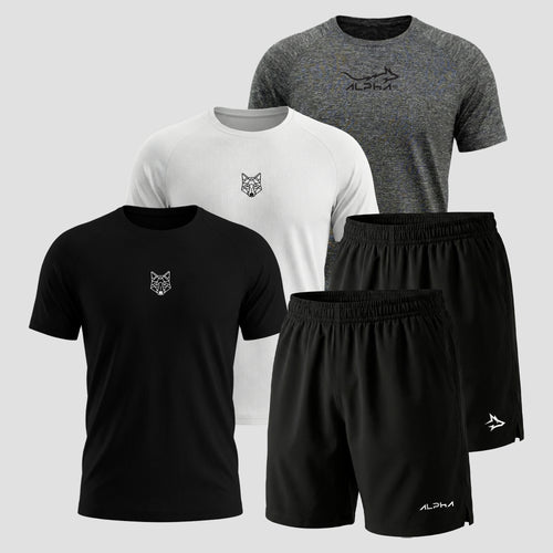 Kit 5 Peças Dry Fit: 3 Camisetas + 2 Bermudas