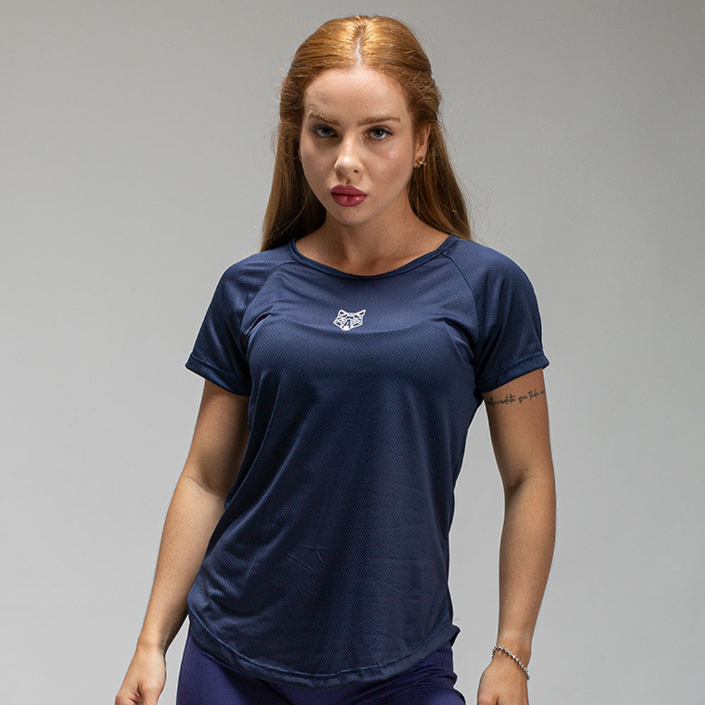 Camiseta Feminina Dry Fit Lobo Geométrico Marinho
