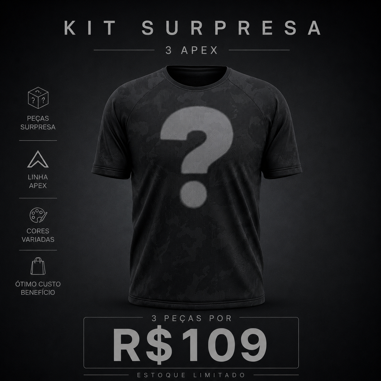 Kit 3 Camisetas / Regata Apex Surpresa